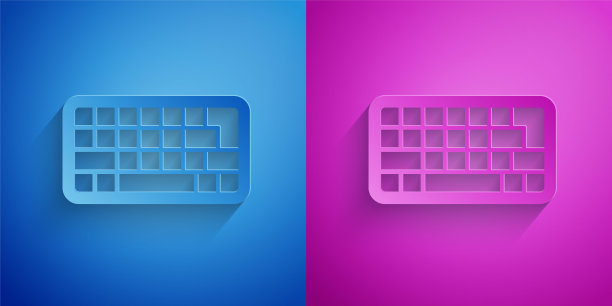 剪纸电脑键盘图标孤立在蓝色和紫色的背景。PC组件标志。纸艺术风格。向量图片下载