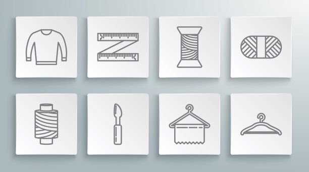 设置线缝纫线线轴，卷尺，刀具，衣架衣柜，和毛衣图标。向量图片下载