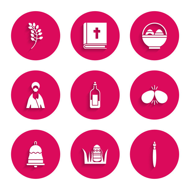 集瓶酒，复活节彩蛋，油漆刷，鸡蛋，钟声，耶稣基督，篮子与复活节和柳叶图标。向量图片下载