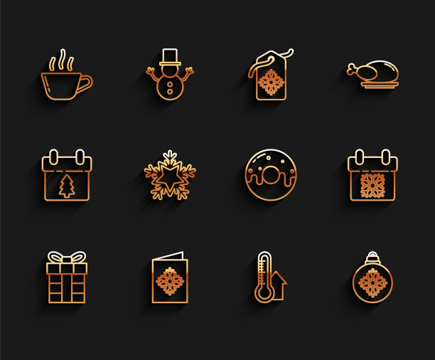 集行礼盒，圣诞明信片，咖啡杯，气象温度计测量，球，雪花，日历和甜甜圈与甜釉图标。向量图片下载