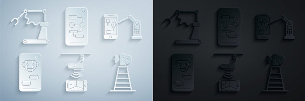 设置无线控制闭路电视安全摄像头，工业机器机器人手臂手，机器人，天线，算法和工厂图标。向量图片下载