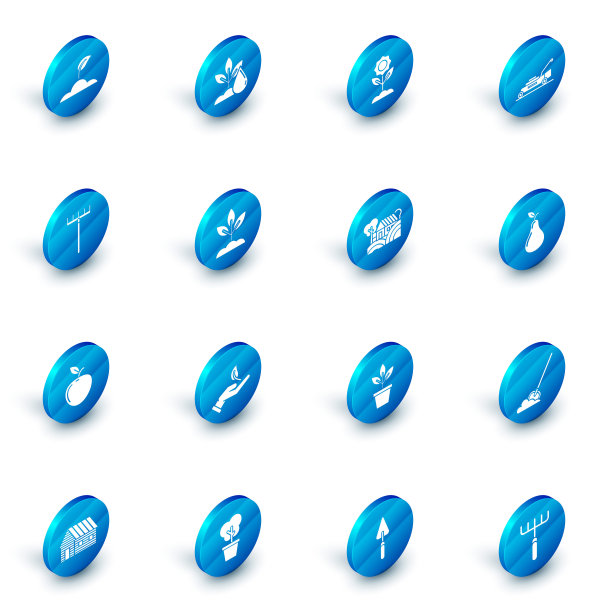 设置浇水植物，花，割草机，花园耙子，苹果，植物，梨和农场概念图标。向量图片下载