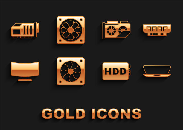 设置计算机冷却器，RAM，随机存储器，笔记本电脑，硬盘驱动器HDD，显示器屏幕，视频显卡和图标。向量图片下载