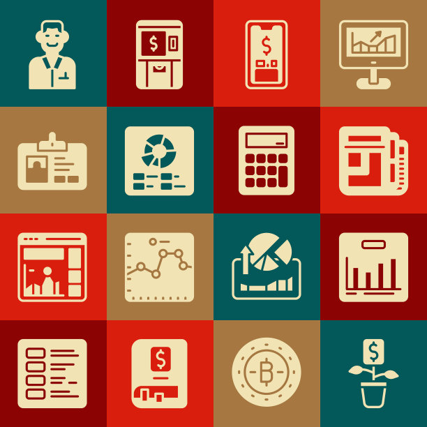 设置美元植物，饼图信息图，股票市场新闻，移动与美元，标识徽章，交易者和计算器图标。向量图片下载