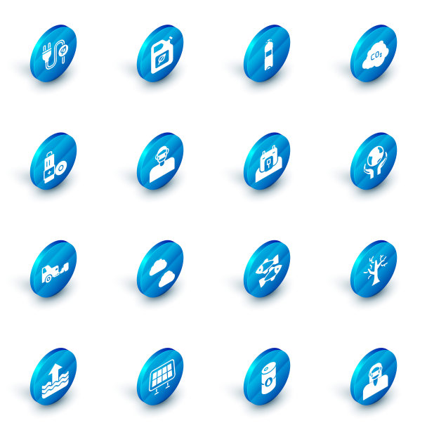 设置生物燃料罐，瓶装水，二氧化碳排放在云，电池，汽车尾气，面部防护面具，手拿地球地球仪和北极熊头图标。向量图片下载