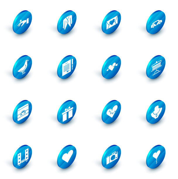 套装，信封与情人的心，豪华轿车，鸽子，结婚戒指，结婚合同，蛋糕盘和爱情和箭头图标。向量图片下载