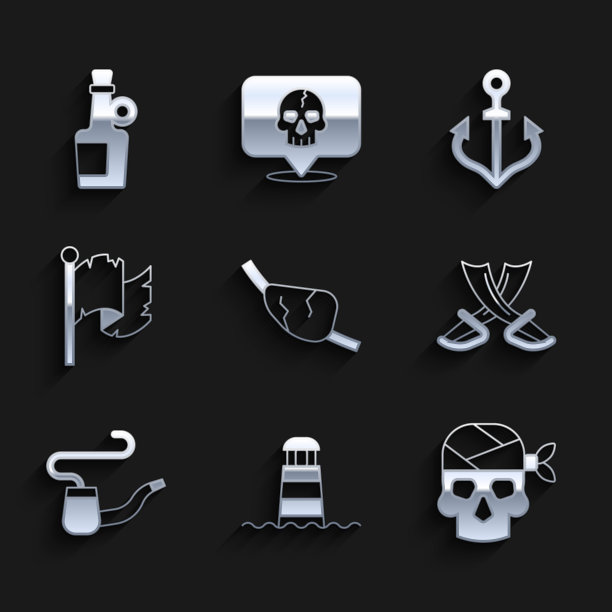 设置海盗眼罩，灯塔，船长，交叉海盗剑，吸烟烟斗，旗帜，锚和酒精饮料朗姆酒图标。向量图片下载