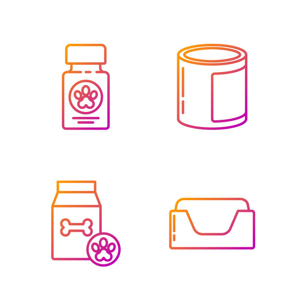 成套宠物床，宠物食品袋，狗药瓶和药丸，罐头食品。渐变颜色图标。向量图片下载