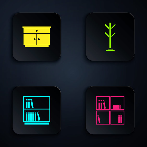 配有书籍的书架，家具床头柜，图书馆书架和外套。黑色方形按钮。向量图片下载