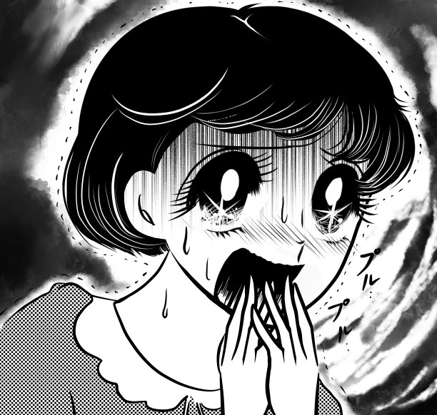 这幅70年代的黑白漫画风格的插图描绘了一个女孩看起来苍白，害怕什么。图片下载