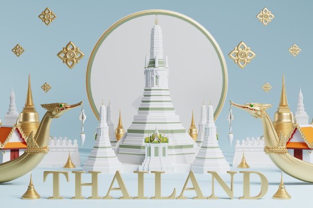泰国旅游概念的标志性，泰国最美丽的地方参观3d插图，泰国建筑和传统遗产。图片下载