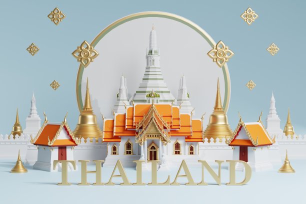 泰国旅游概念的标志性，泰国最美丽的地方参观3d插图，泰国建筑和传统遗产。图片下载