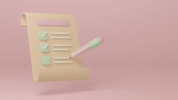 3D卡通模型剪贴板和铅笔在粉红色的背景，记事本图标。3d渲染插图。图片下载