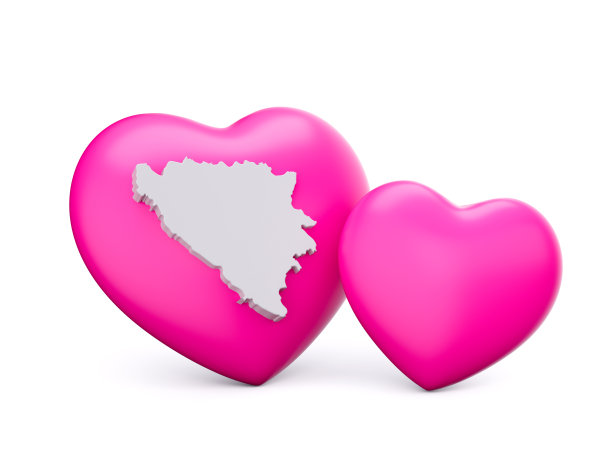 3d闪亮的粉色心形与3d波斯尼亚和黑塞哥维那白底地图3d插图图片下载