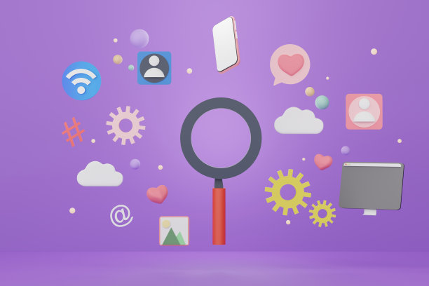 3d渲染放大镜与在线媒体应用程序和图标，漂浮在紫色背景。图片下载