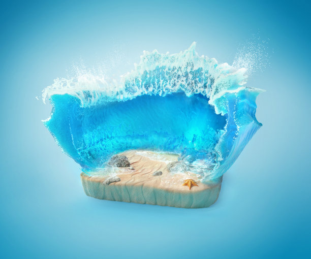 海的背景。海洋正在被分开。海浪与沙子的3d渲染。图片下载