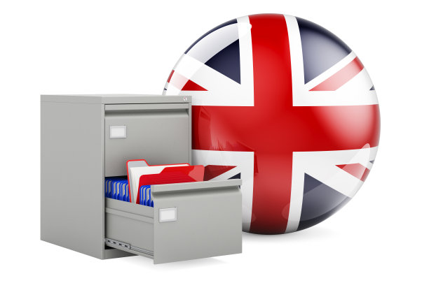 数据库在英国，概念。带英国国旗的文件柜文件夹，3D渲染图片下载