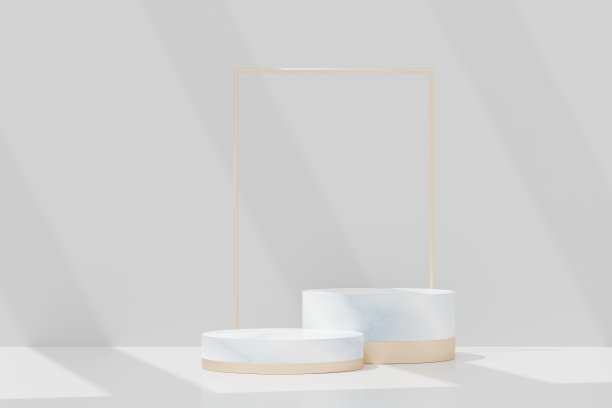 3D渲染，最小写实粉彩展示平台的产品模拟或化妆品展示在彩色粉彩工作室，圆柱体基座展示场景，几何形状背景。图片下载