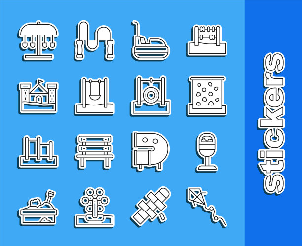 设置线风筝，垃圾桶，攀岩墙，碰碰车，秋千，沙城堡，吸引旋转木马和汽车轮胎挂绳图标。向量图片下载