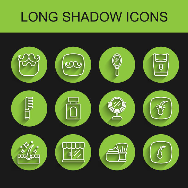 设置线油头发护理治疗，理发店建筑，胡子和胡子，剃须刷与泡沫，人类毛囊，须后水，破碎和手镜图标。向量图片下载