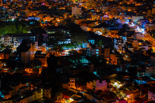 夜城灯火。夜生活住宅区，鸟瞰图。图片下载