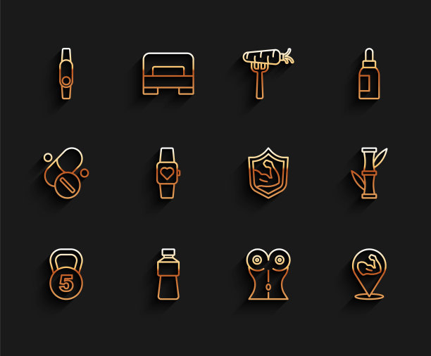 设定线重量，瓶装水，智能手表，女性腰，健美肌肉，竹子和图标。向量图片下载