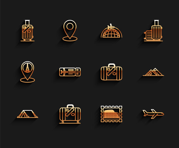 套装:旅游帐篷，旅行行李箱，贴纸，邮票，竞技场，机票，埃及金字塔和图标。向量图片下载