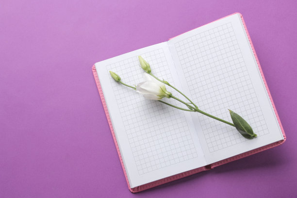 记事本和紫色背景上美丽的花。俯视图图片下载