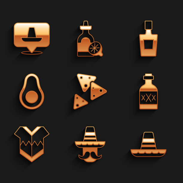 集玉米片，墨西哥男子宽边帽，龙舌兰瓶，雨披，鳄梨水果，和图标。向量图片下载