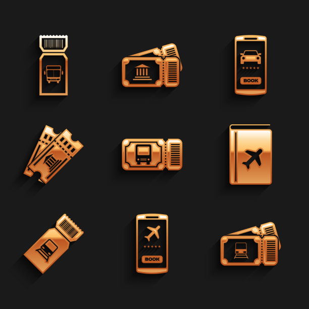 集公交车票，移动与，火车，封面书旅游指南，博物馆，在线汽车共享和图标。向量图片下载