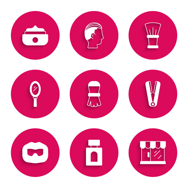 设置剃须刷，须后水，理发店大楼，卷发铁的头发，胡子和胡子，手镜，和凝胶蜡造型图标。向量图片下载