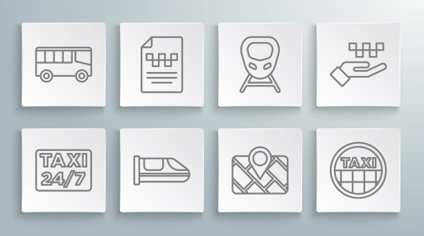 设置线路位置与出租车，出租车驾驶执照，高铁，Gps设备地图，汽车车顶，手和巴士图标。向量图片下载