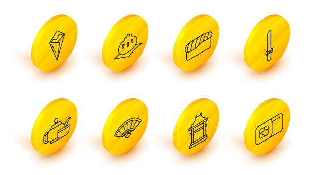 寿司、日本门、中国或日本纸折扇、日本茶道、武士刀、钦卡利切菜板和Temaki卷图标。向量图片下载