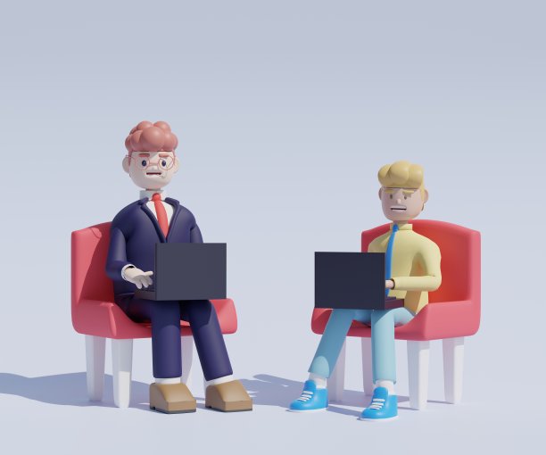 创业概念和业务团队的3D渲染插图，两个快乐的男人坐在椅子上，笔记本电脑，卡通商人在办公室工作和使用社交网络图片下载