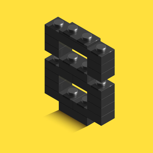 黄色背景的乐高积木上的黑色数字8。三维乐高数字图片下载