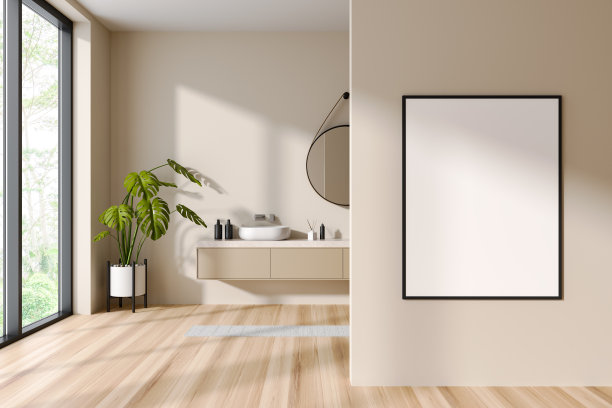 光线浴室内部与水槽和全景窗户。模拟框架图片下载