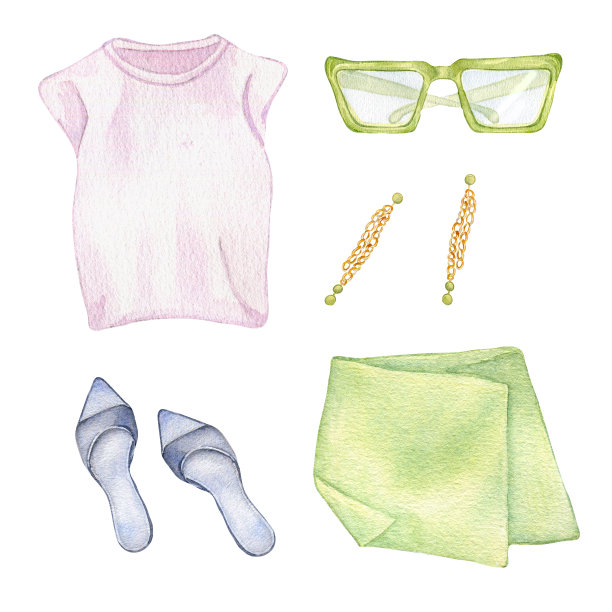 一套女子夏装水彩插图孤立在白色上。女性风格的服装，t恤，裙子，鞋子和太阳镜手绘。设计商店，销售，杂志，包装，展示图片下载