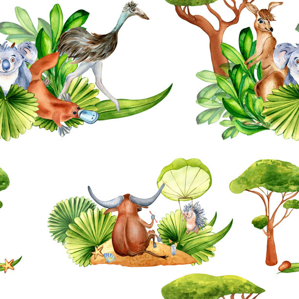 卡通动物水彩画无缝图案孤立在白色上。图片下载