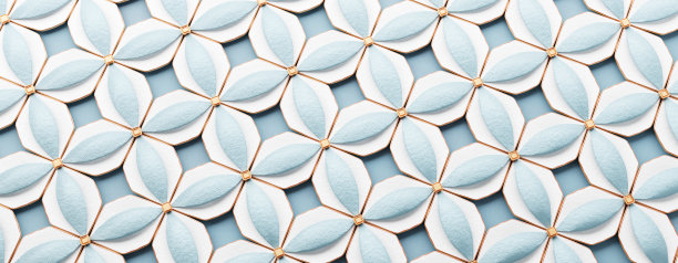 抽象几何美丽的背景。闪亮的陶瓷白蓝色瓷砖与金色元素。横幅图案设计。3d渲染插图。图片下载