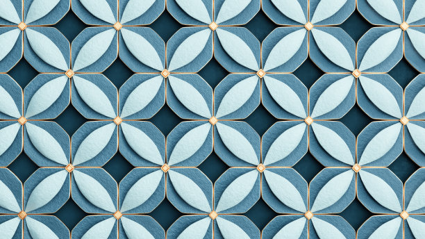 抽象几何美丽的图案背景。闪亮的陶瓷蓝色瓷砖与金色元素。3d渲染插图。图片下载