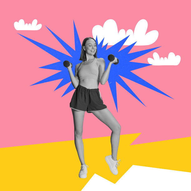 为夏天做准备。年轻苗条的女孩训练哑铃对粉红黄色的背景。健身计划。当代艺术拼贴。图片下载