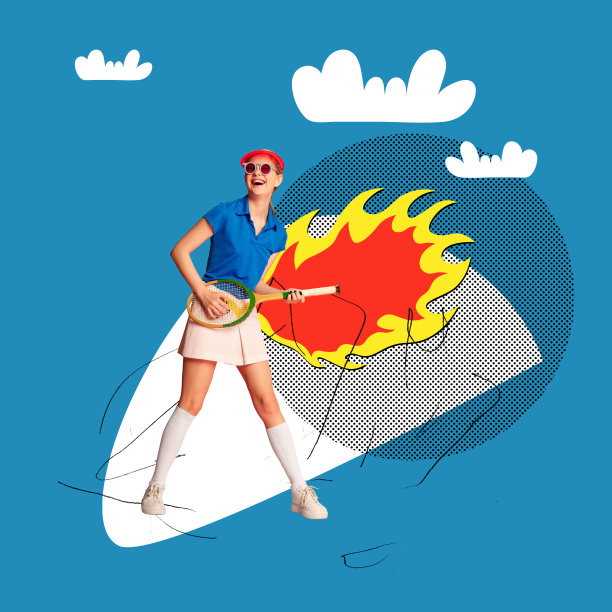 年轻的微笑快乐的女孩在时尚的运动服摆着网球拍。积极的爱好。当代艺术拼贴。图片下载