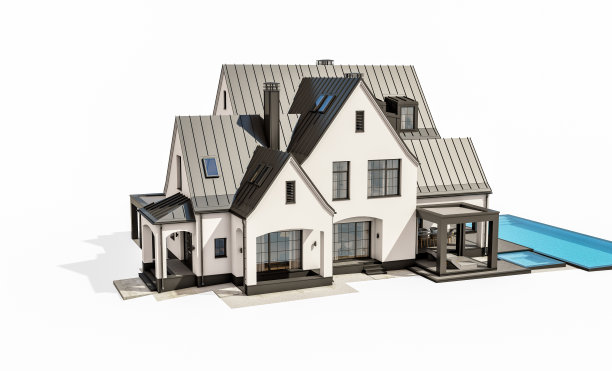 白色和黑色的现代都铎式房子孤立在白色的3d渲染图片下载