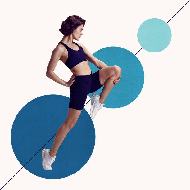 年轻美丽的女人与强大，适合身体训练，做锻炼对抽象的背景。健身和饮食。当代艺术拼贴。图片下载