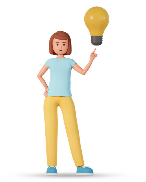 一个微笑的女人指着灯泡的3D插图。年轻女子与灯泡创造新的好主意或想法3d插图孤立在白色背景。图片下载