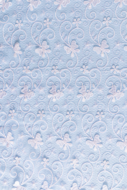 蓝色背景上白色花朵和蝴蝶的美丽精致蕾丝。婚礼的背景。用于设计的布局。图片下载