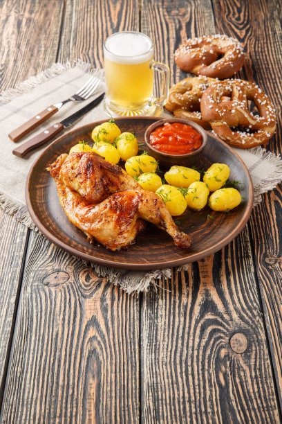 巴伐利亚烤鸡配煮土豆配啤酒和椒盐卷饼特写。垂直图片下载