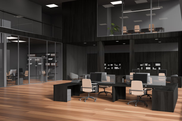 办公室内部设有玻璃门后的联合办公和会议区图片下载