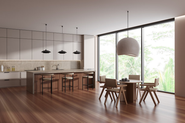 明亮的厨房室内角落视图与餐桌图片下载