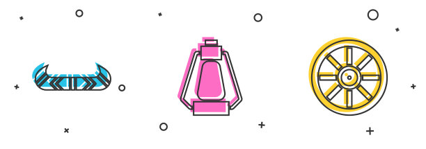 设置皮艇或独木舟和桨露营灯和图片下载